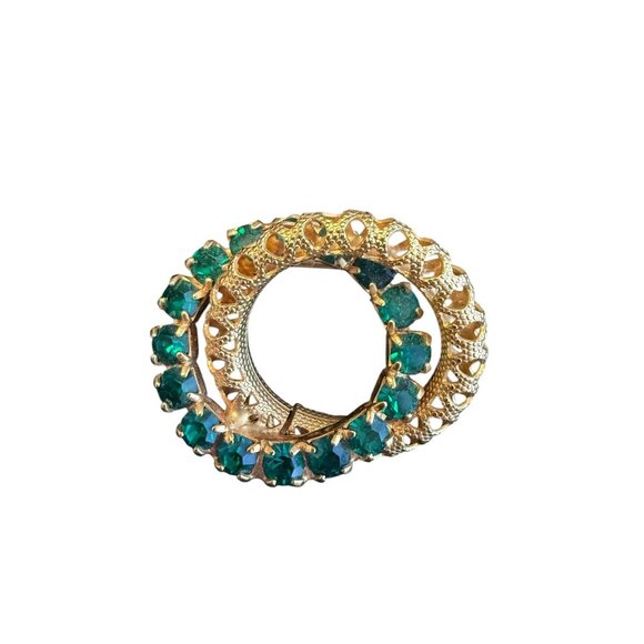 Vintage Gold-Tone Brooch With Emerald Green Rhinestones Oval Design - Picture 2 of 3